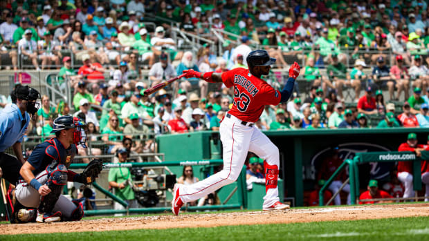 Niko Goodrum of the Boston Red Sox hits during a spring training game between the Boston Red Sox and the Atlanta Braves at Jet Blue Park in Fort Myers on Friday, March 17, 2023.